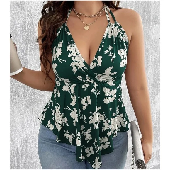 Plus Floral Print Ruffle Hem Halter Tank top - Picture 3 of 8